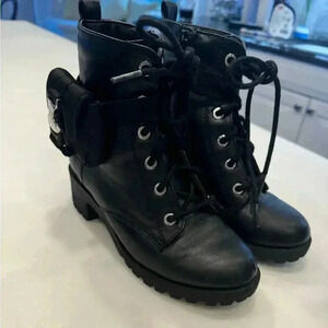 Madden NYC girls black faux leather combat boots. Chunky heel sz 1